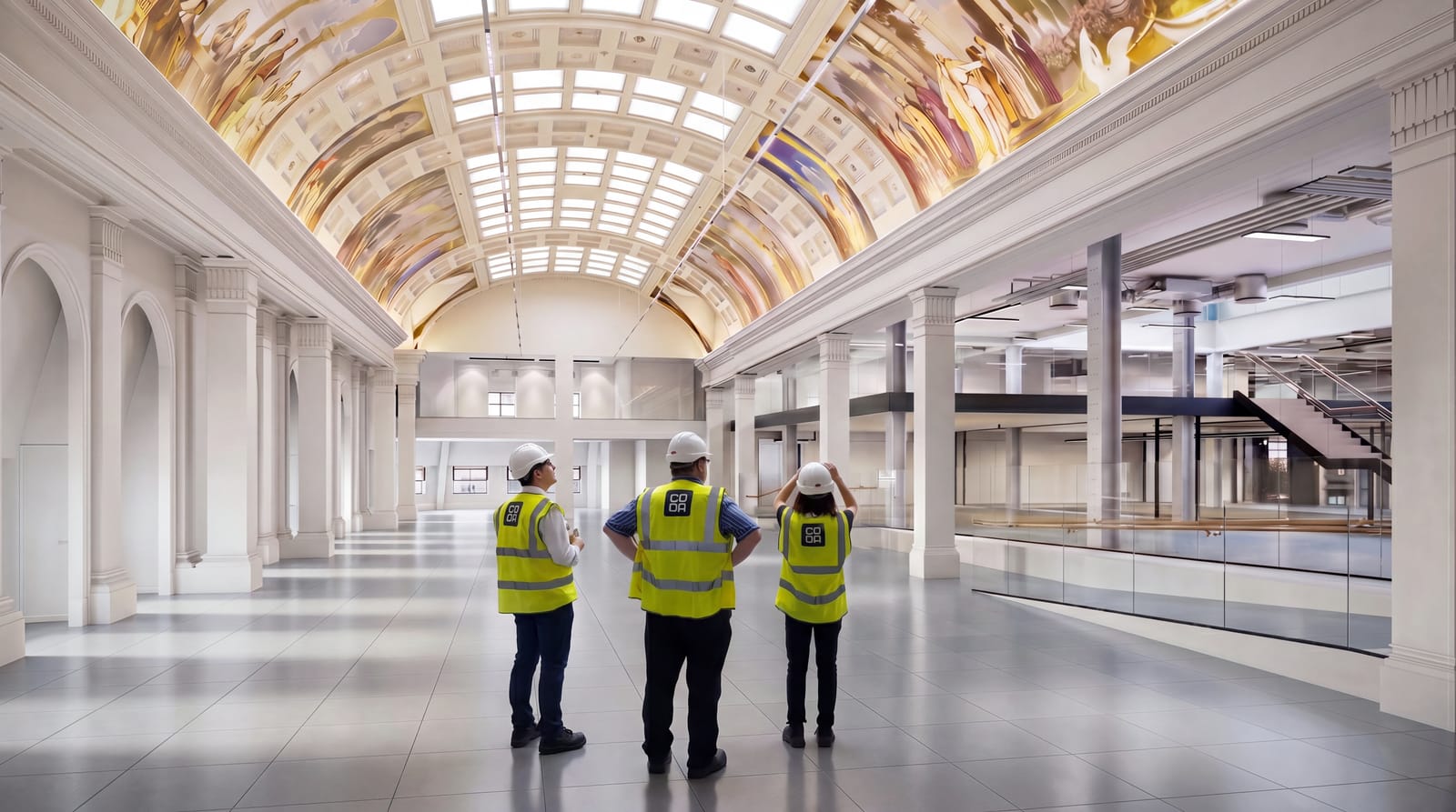The Coda team in the vaulted heritage hall beneath its hand painted ceiling murals