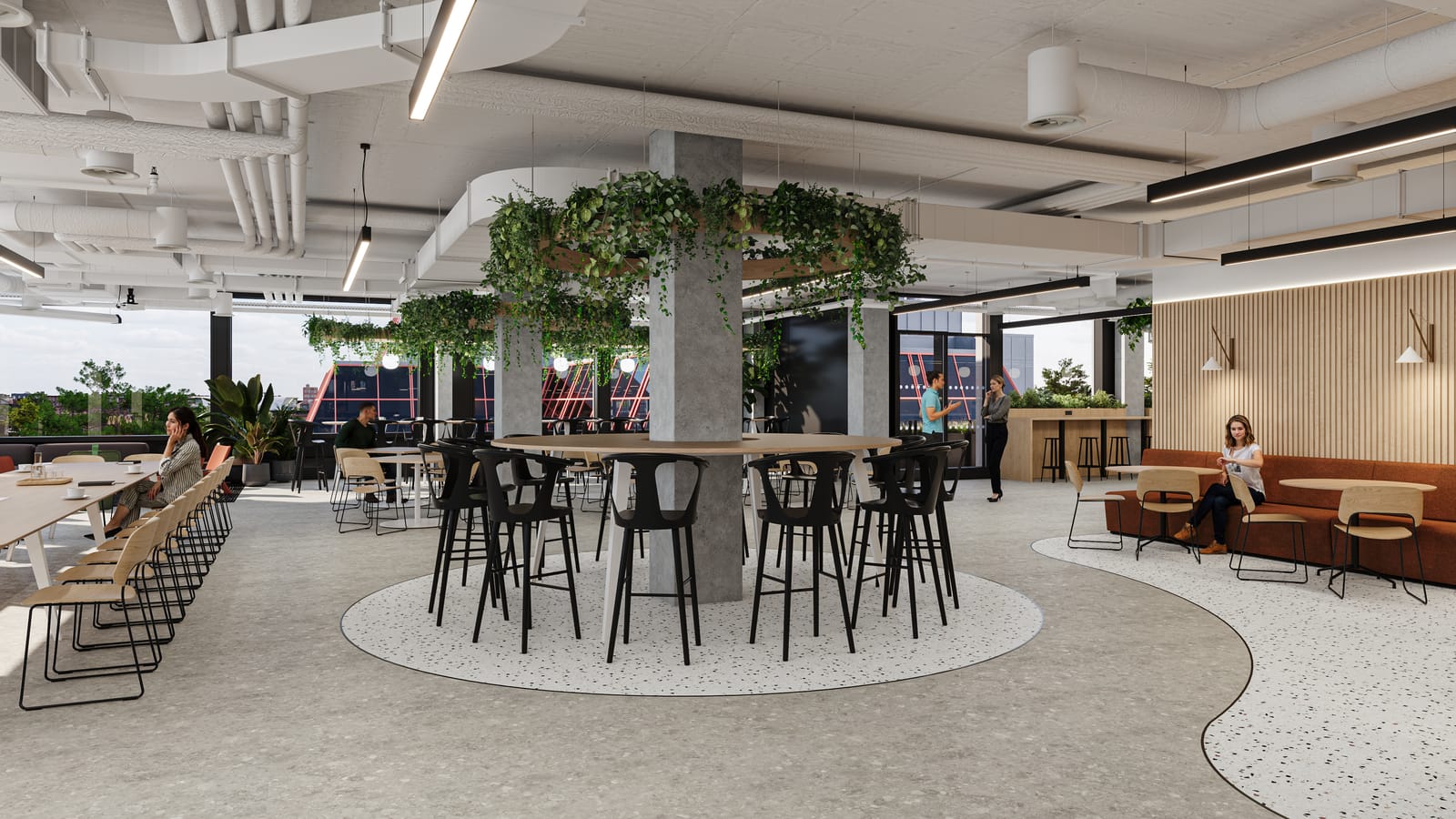 Breakout floor render with a communal high table around a planted column, cafe seating and banquettes