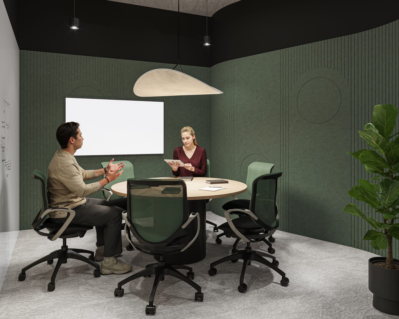 Acoustic huddle room render with a round table, green panelling and a sculptural pendant light