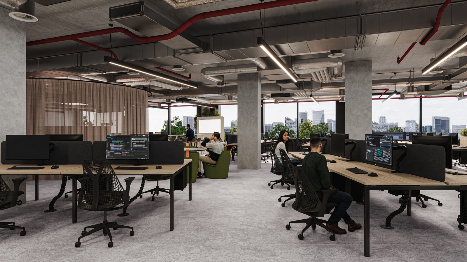 Open-plan workspace render with rows of desks, acoustic booths and breakout seating beyond