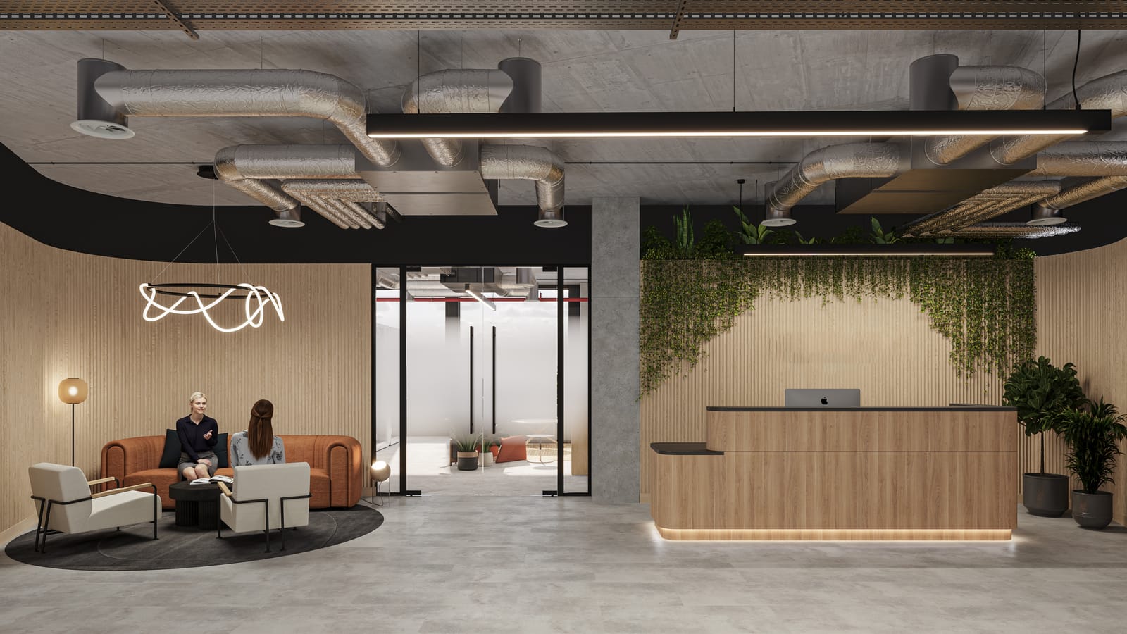 Reception render with a curved timber desk, cascading greenery and a sculptural light feature above the lounge