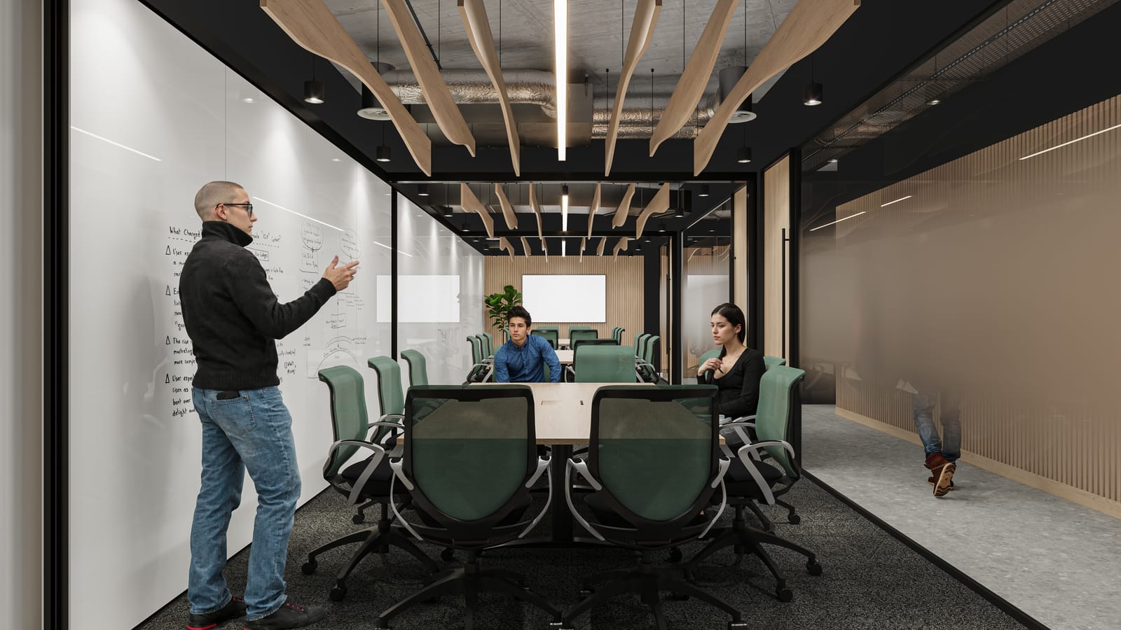 Glass-walled boardroom render with a long table, green mesh chairs, a whiteboard and slatted timber ceiling