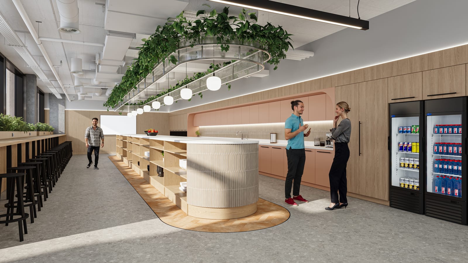 Tea point cafe render with a curved island servery, blush-pink joinery and a suspended greenery halo