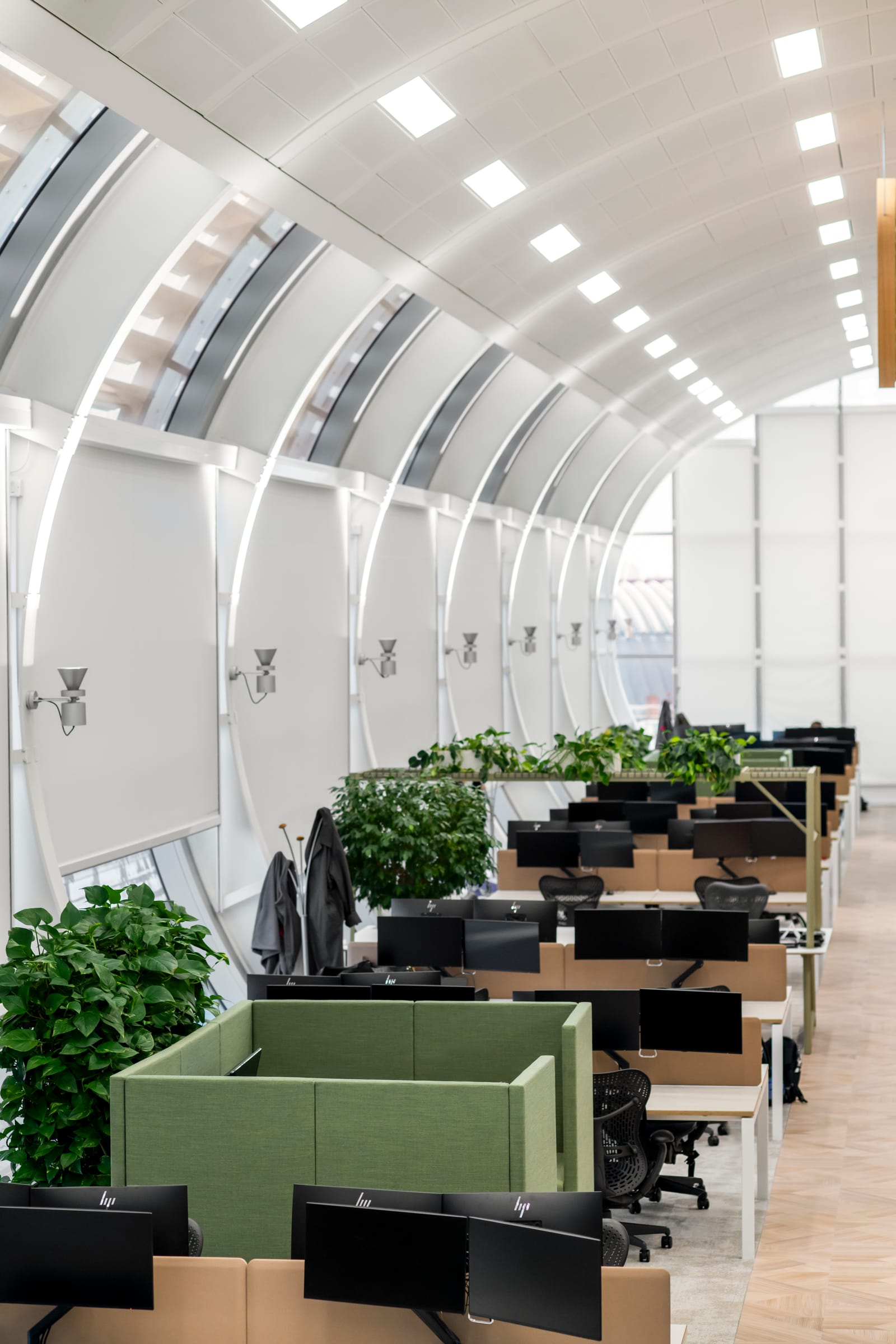 Open plan desking with green dividers, plants and arched ceiling