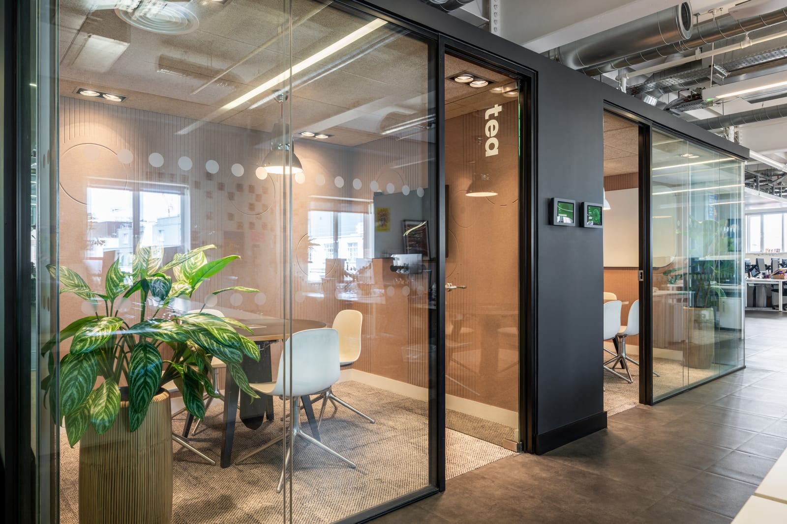 Corridor view through glazed meeting rooms with a supergraphic tea room and the open plan beyond